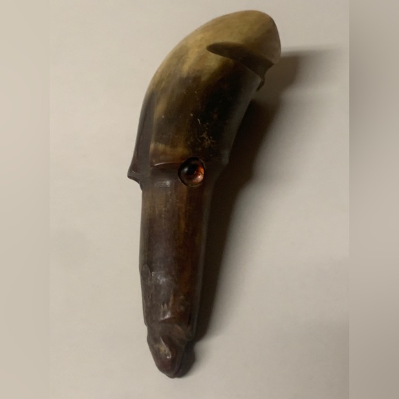 Antique Folk Artisan Hand Carved Bull Horn Figural Dog Head Cane Handle - Picture 13 of 16